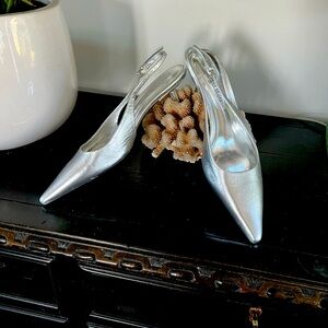 Silver leather kitten heel pumps. Never worn!!
